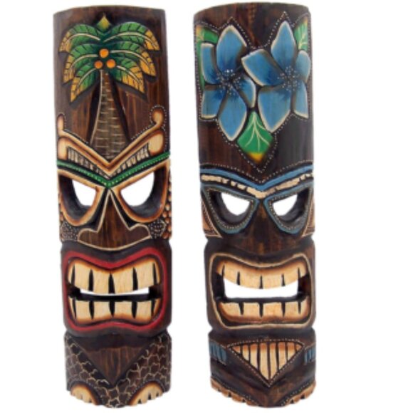 Hand Crafted Polynesian Hawaiian Style Floral Painted Tiki Masks 2pc🆕📦🏃🏻💨🚚 - Picture 1 of 16